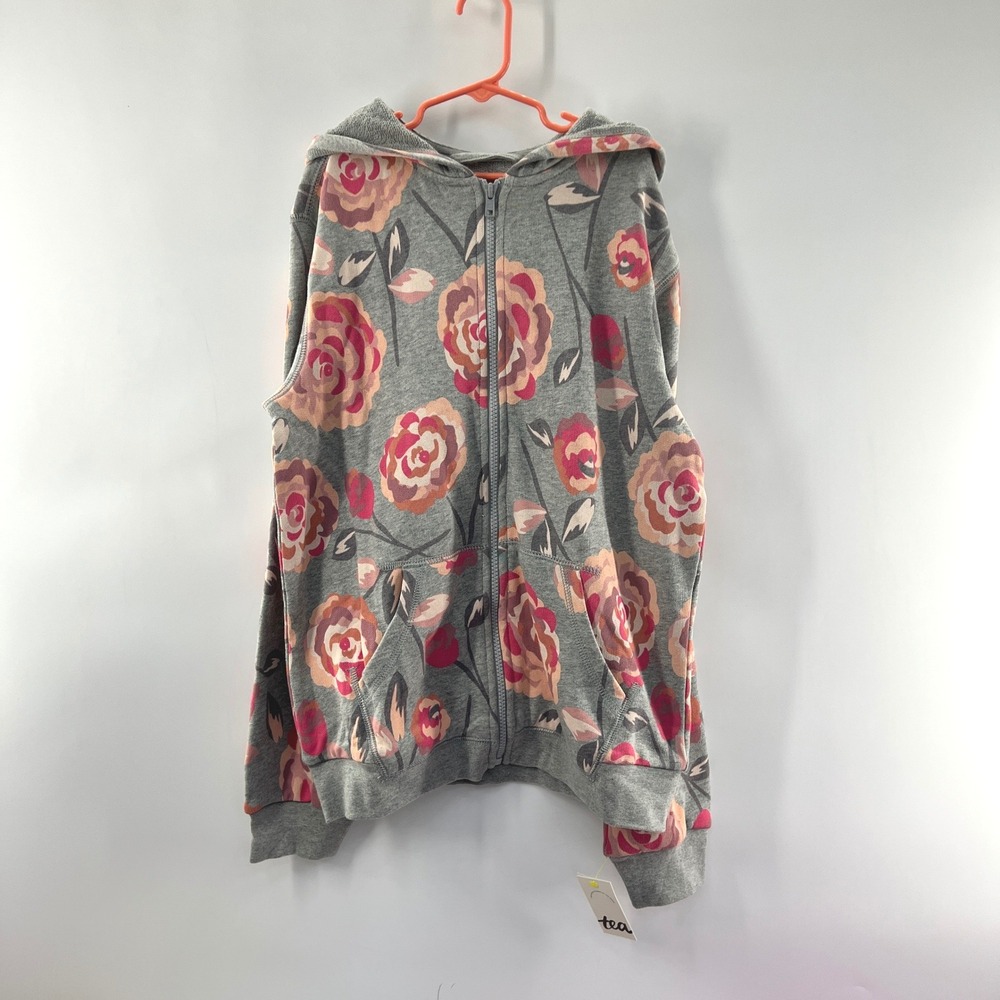 Tea Collection Zip Up Sweatshirt Girls 14 Hoodie Gray Floral Cotton Good Sport